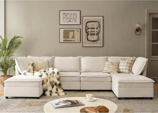 127'' Modular Sectional Sofa, Oversized U Shaped Couch with Storage Ottoman, Extra Deep Seat, Modern Comfy Chenille Sofa with Chaise, 6 Seat Convertible Couches for Living Room, Beige-0