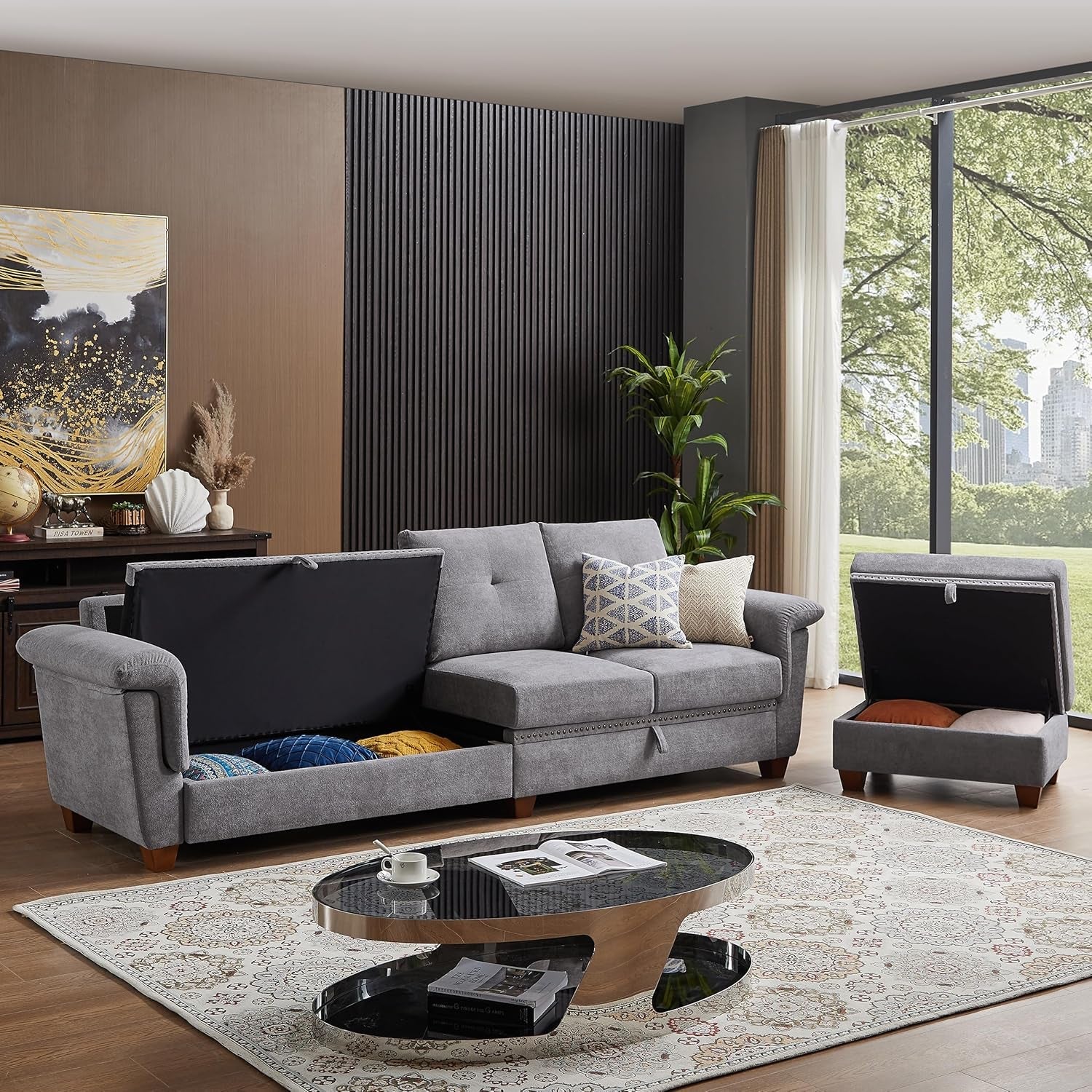 Light Grey Microfiber Sectional Sofa with Storage-4