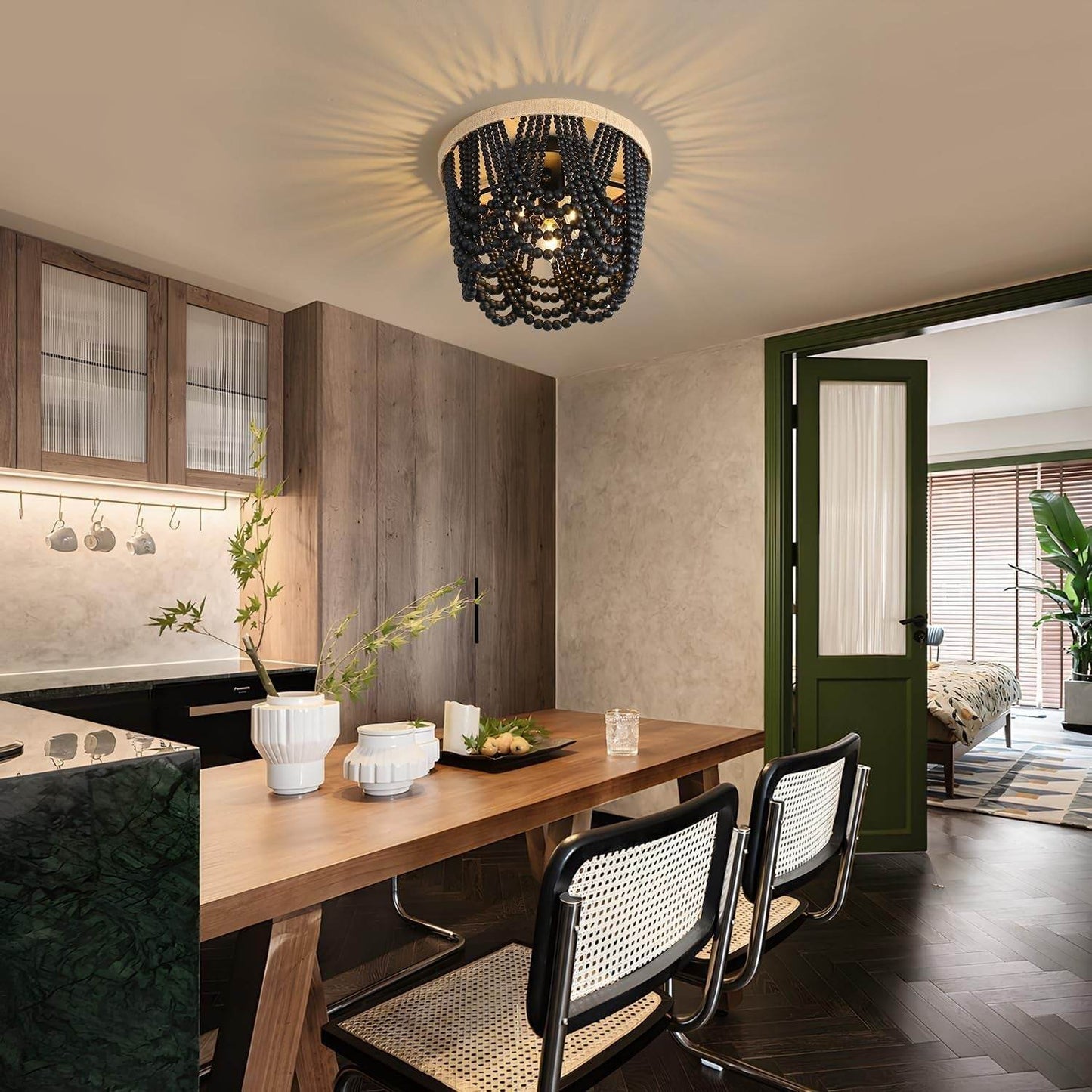 Bohemian Lighting Bohemian Chandelier Handmade Beaded Chandelier Vintage Hemp Rope Woven Ceiling Lighting 3 Lights Wood Bead Chandelier Nursery Lighting Bedroom Ceiling Light (Black) - Loft&Timber