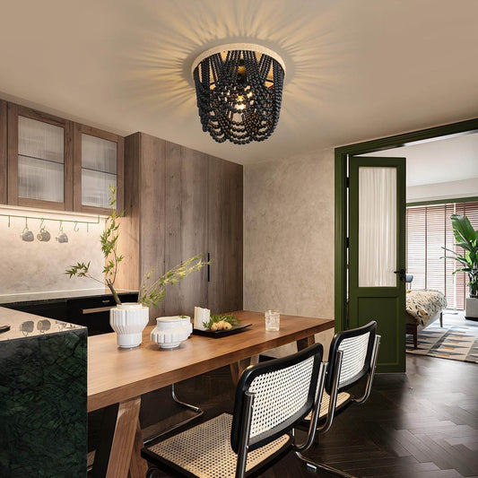 Bohemian Lighting Bohemian Chandelier Handmade Beaded Chandelier Vintage Hemp Rope Woven Ceiling Lighting 3 Lights Wood Bead Chandelier Nursery Lighting Bedroom Ceiling Light (Black) - Loft&Timber