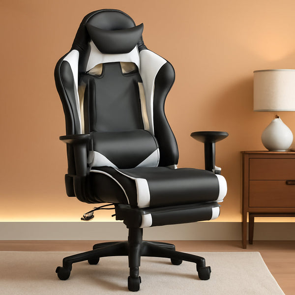 Ergonomic Office, PC Gaming Chair Cheap Desk Chair Executive PU Leather Computer Chair Lumbar Support with Footrest Modern Task Rolling Swivel Chair for Women, Men(White)-0