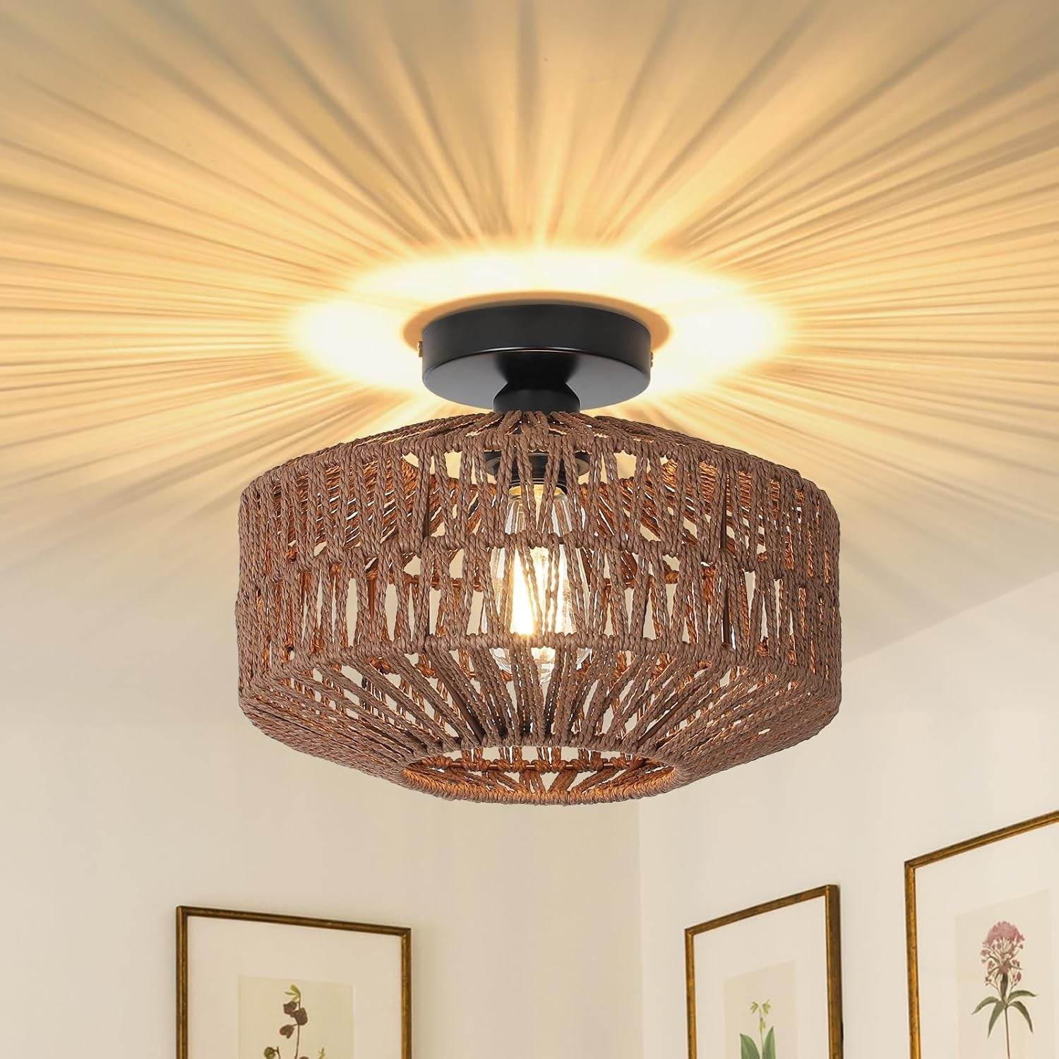 Boho Rattan Light Fixtures Ceiling Mount,Ceiling Light Fixtures with Dimmable LED Bulb,Hand Woven Rattan Chandelier Light Fixtures Ceiling for Bedroom Living Room Entryway(Dark Brown) - Loft&Timber