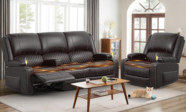 3 Seater Recliner Sofa Set with 2-Tier Cushion, 3+1 Pieces in Living Room, 3 Seater Reclining Couch Leather with Removable Console, 1 Oversize Recliner Chair Sofa Seat-0
