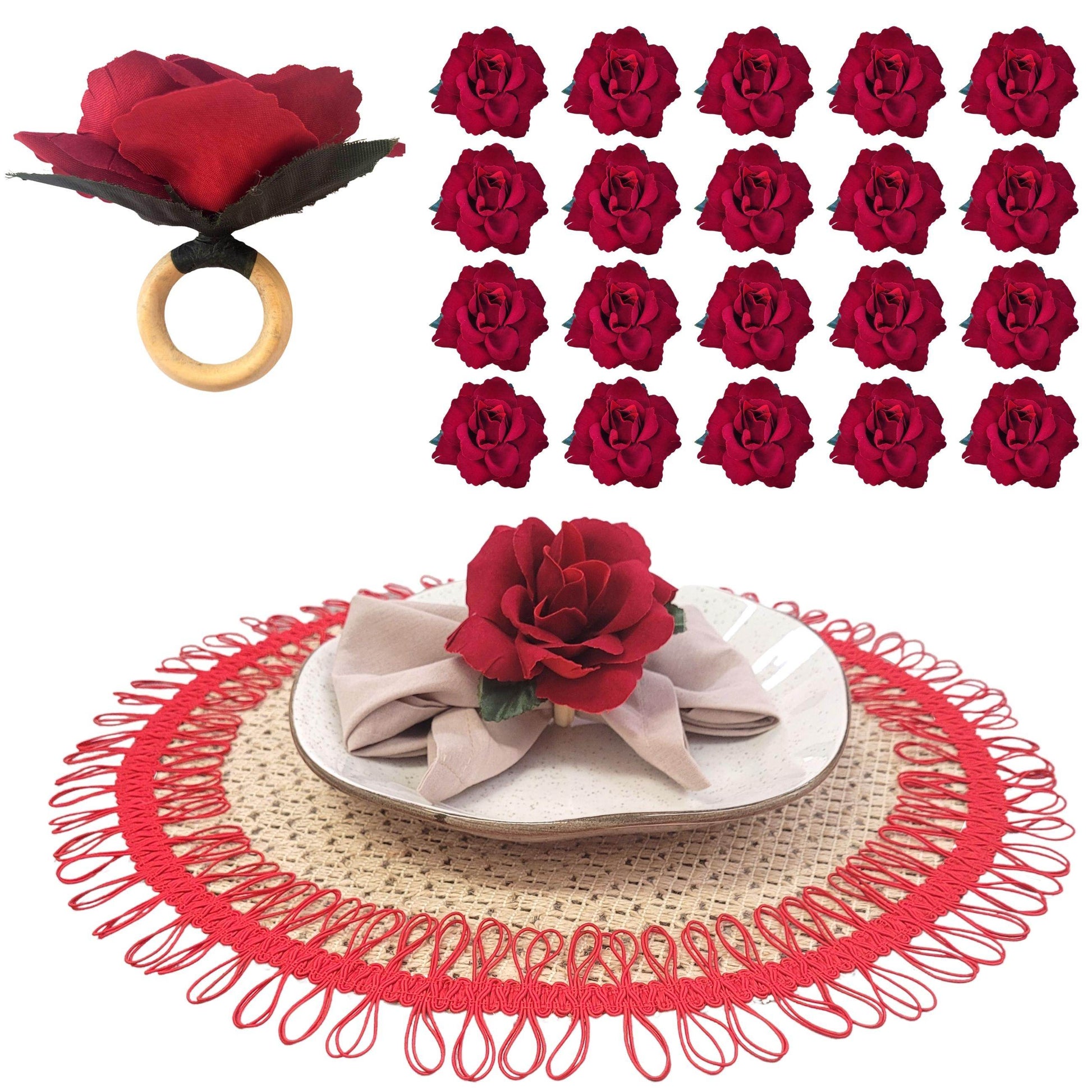 Maison Charlo Wholesale Set of 20 Wholesale Red Colombiana Rose Flower Rosebud Napkin Rings Ecofriendly Pack - Loft&Timber