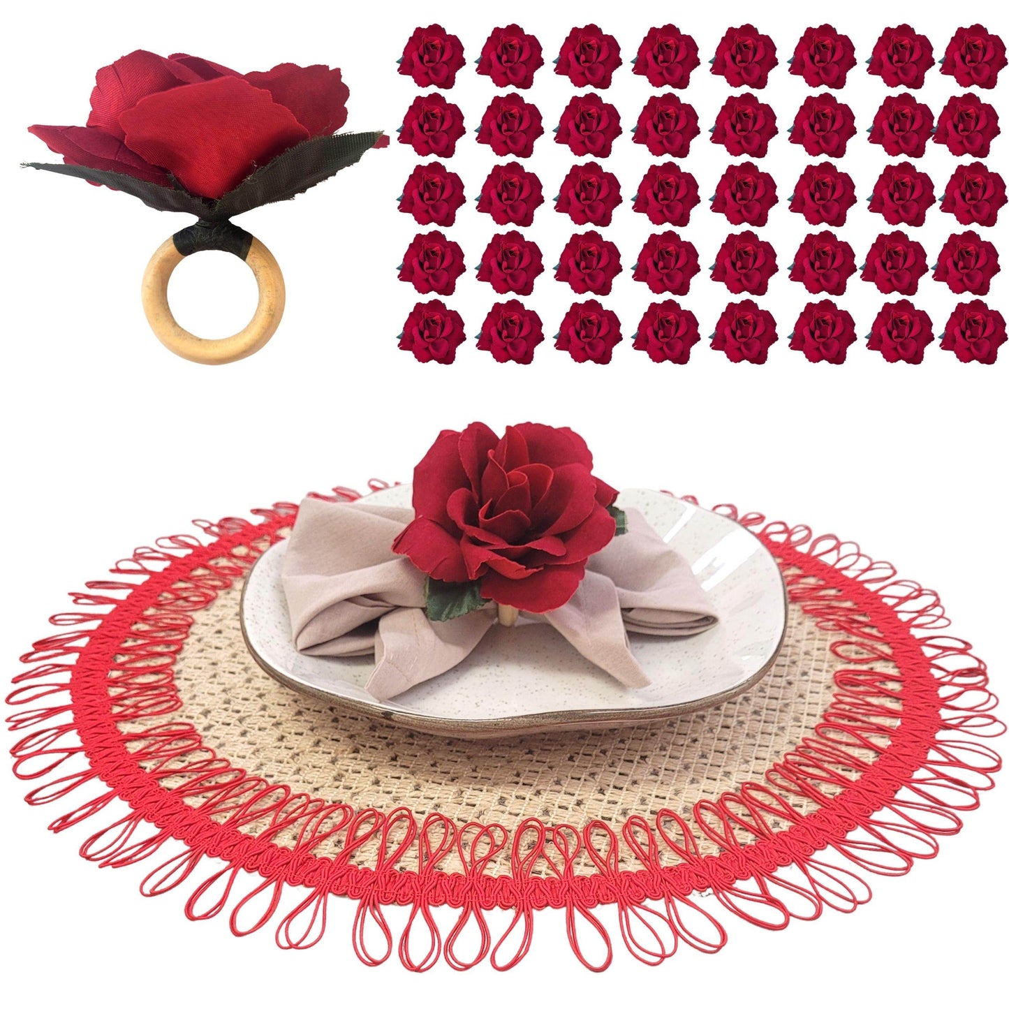 Maison Charlô | Wholesale Set of 40 Wholesale Red Colombiana Rose Flower Rosebud Napkin Rings Ecofriendly Pack - Loft&Timber