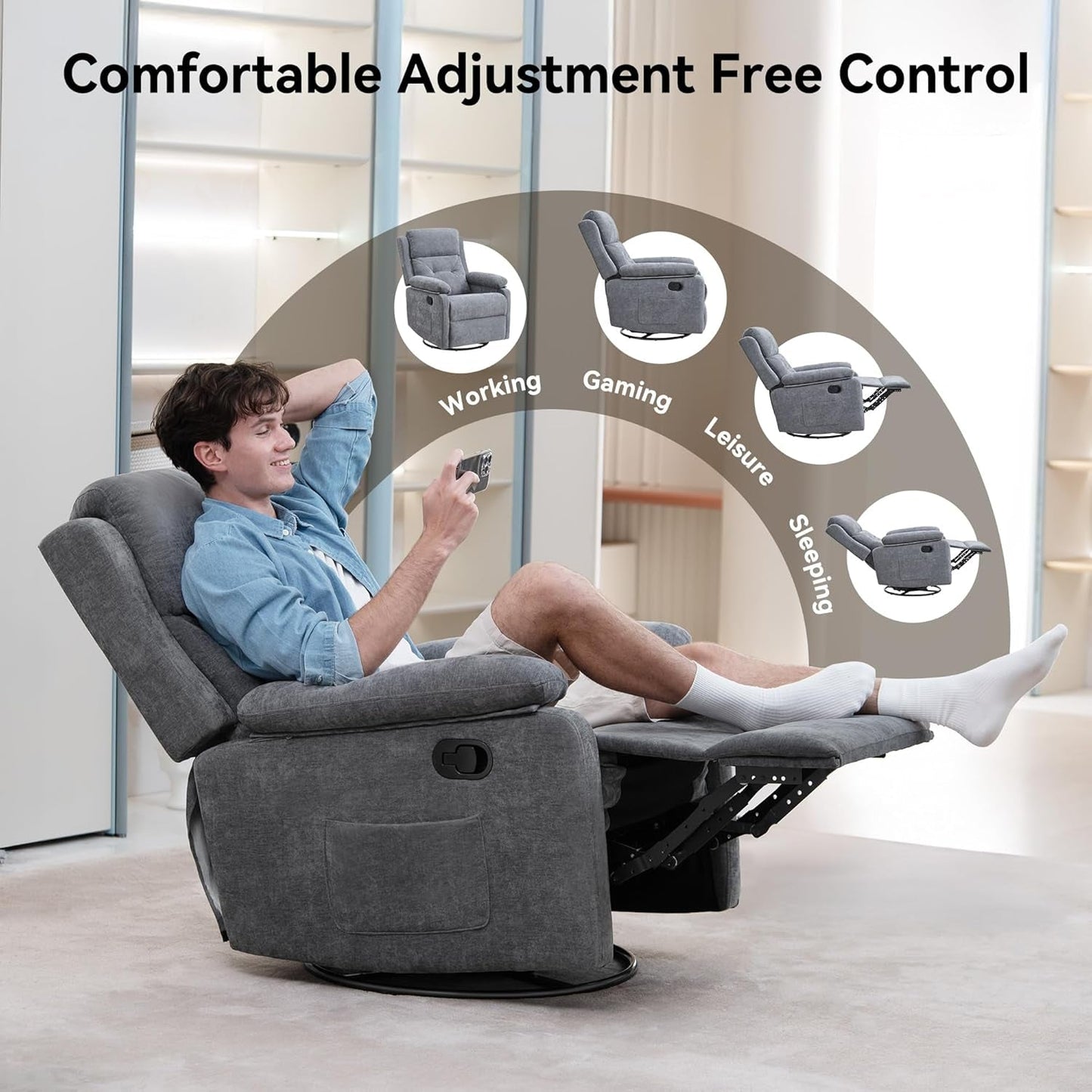 Grey Swivel Rocker Recliner Chair With Adjustable Backrest-3