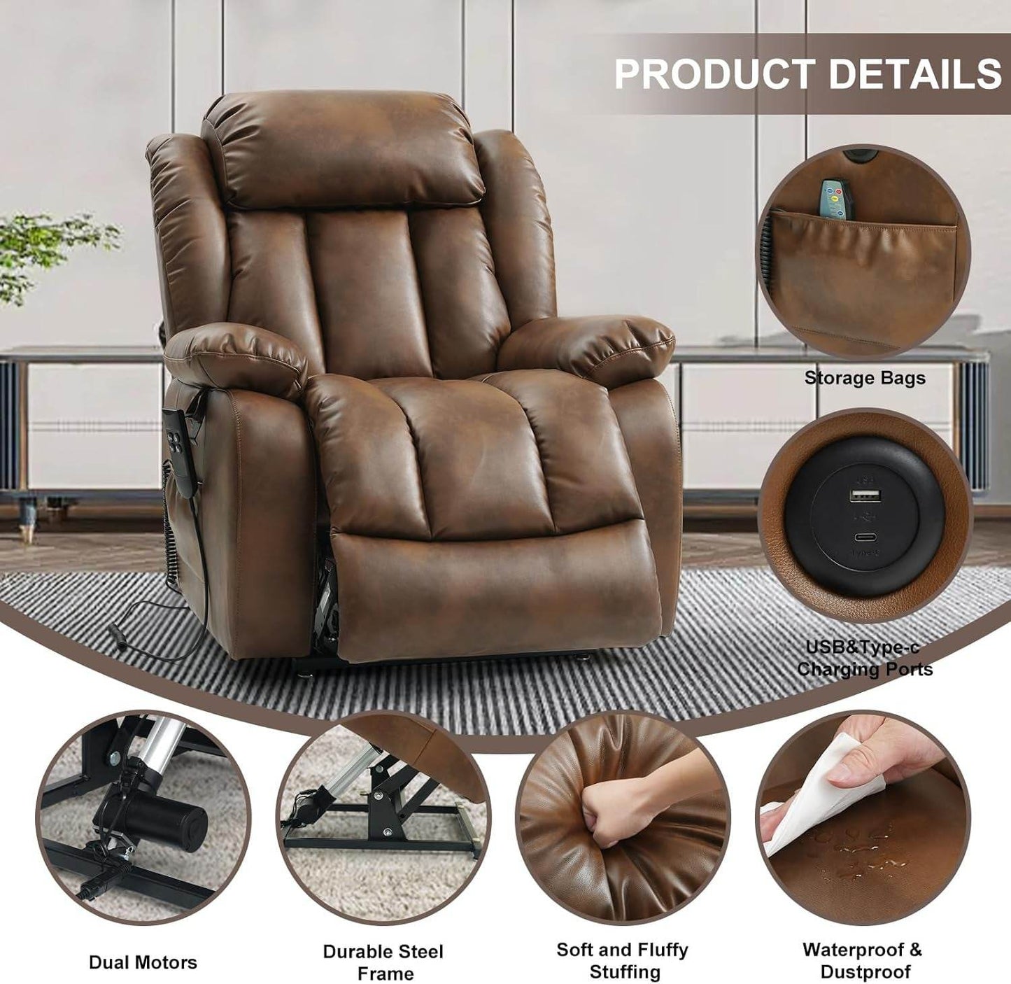 Powerful Dual Motor Lift Recliner Heat Massage Leather - Loft&Timber