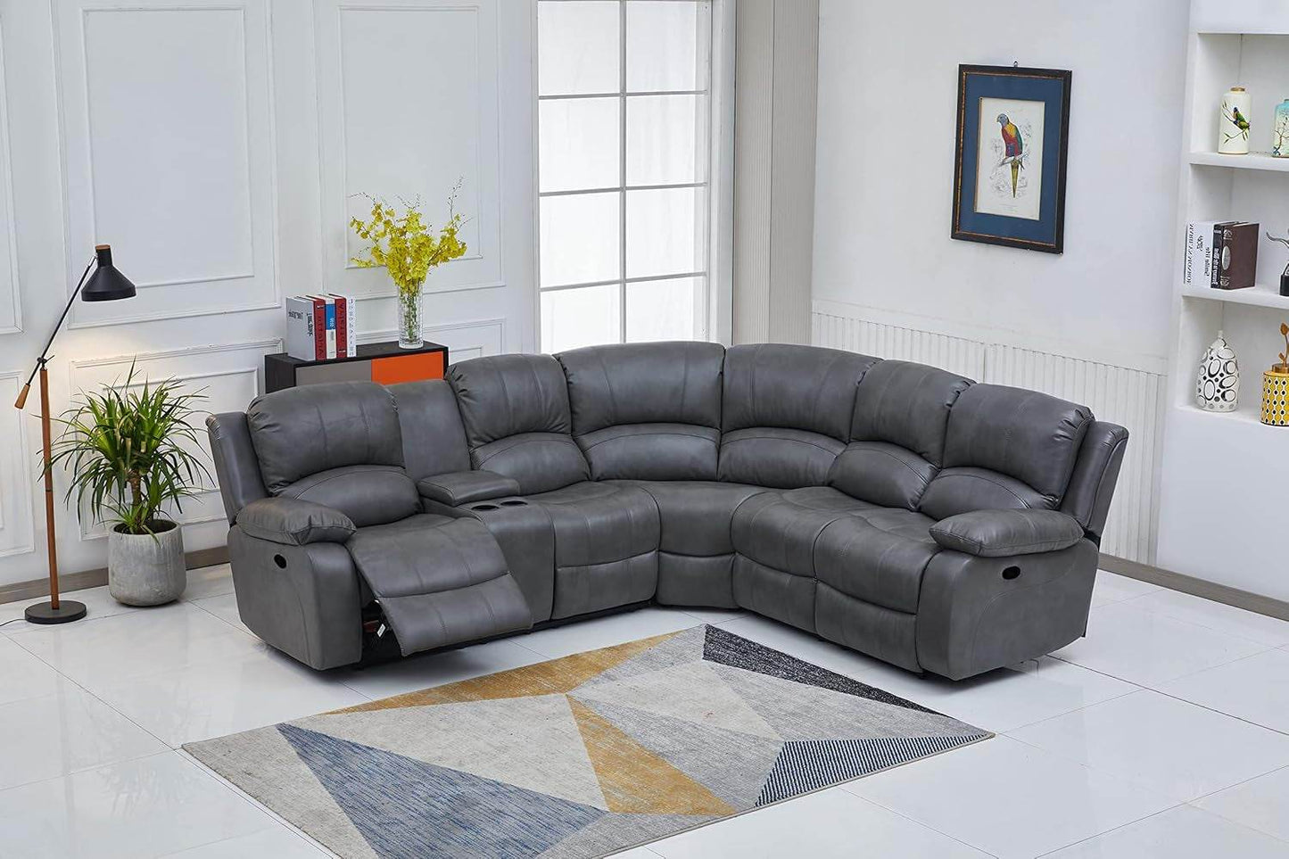 Bonded Leather Sectional Sofa 3 Recliners, Gray - Loft&Timber