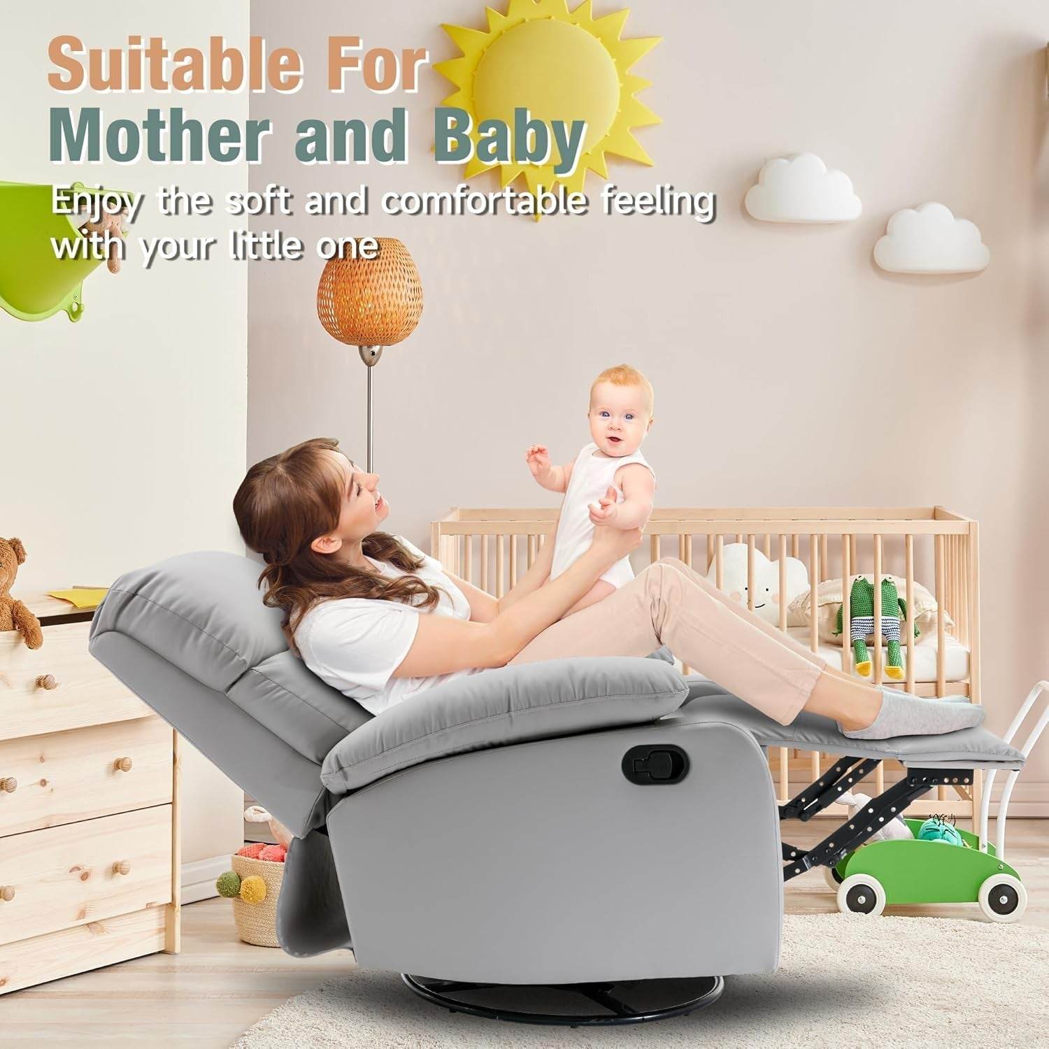 Swivel Rocker Recliner, Rocking Recliner Chair, Small Rocker Recliners for Small Spaces, Living Room, Bedroom, Nursery, RV, Light Grey - Loft&Timber