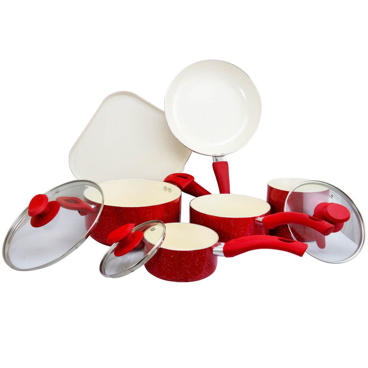 Oster Cocina San Jacinto Aluminum Cookware Set in Red Speckled Finish, Set of 9 - Loft&Timber