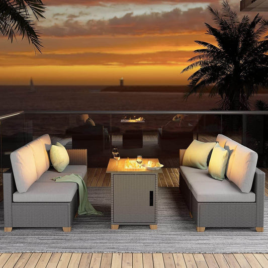 Modular Wicker Outdoor Furniture Set with Fire Pit - Loft&Timber