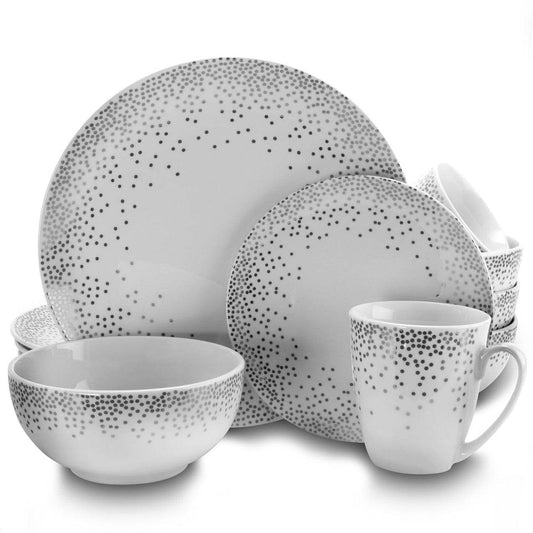 Gibson Platinum Dots 16 Piece Round Ceramic Dinnerware Set - Loft&Timber