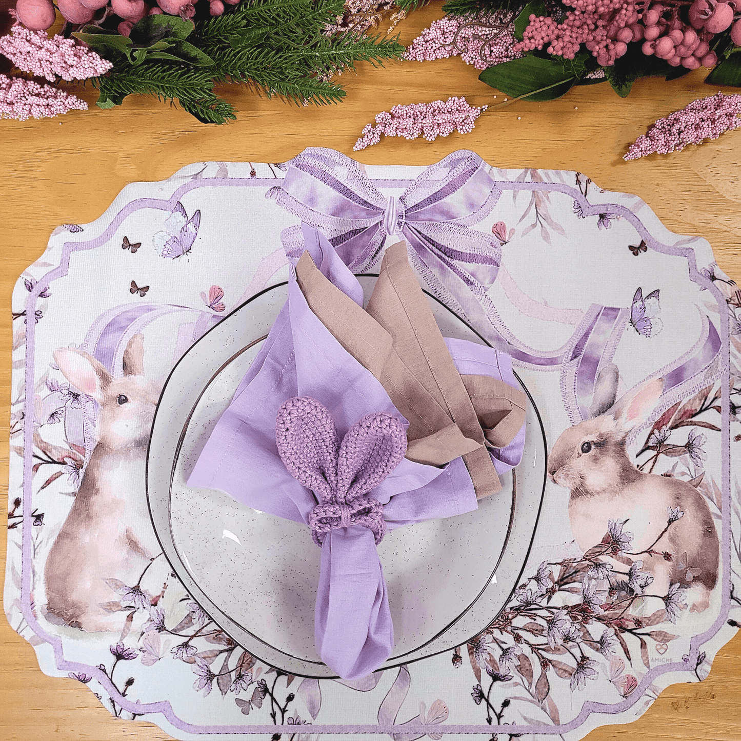 Set 4 Placemats Waterproof Lace Lilac Easter Bunny Gardens Non Slip Easy to Clean placemat, Reusable Placemats, Dining Table, TableSetting - Loft&Timber