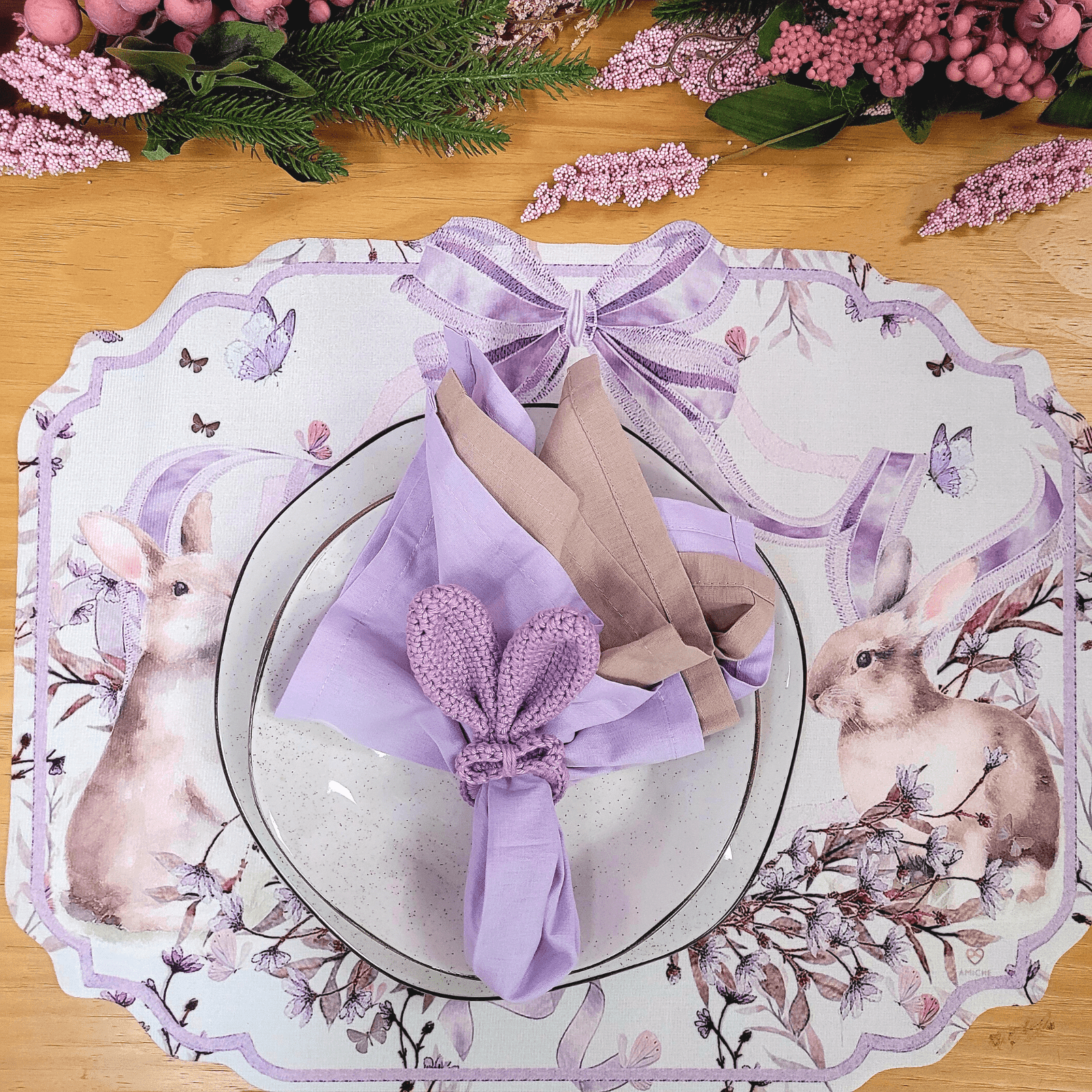 Set 4 Placemats Waterproof Lace Lilac Easter Bunny Gardens Non Slip Easy to Clean placemat, Reusable Placemats, Dining Table, TableSetting - Loft&Timber