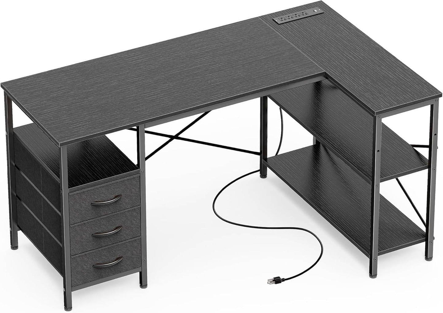 L Shaped Desk with Power Outlets in Black - Loft&Timber