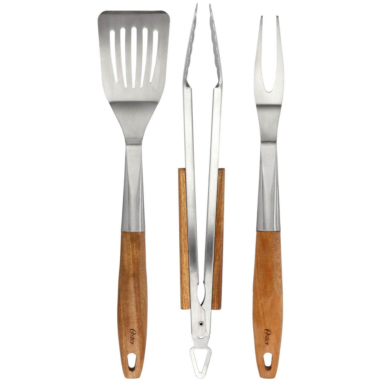 Oster Balincourt 3 Piece Stainless Steel and Wood BBQ Tool Set in Brown - Loft&Timber