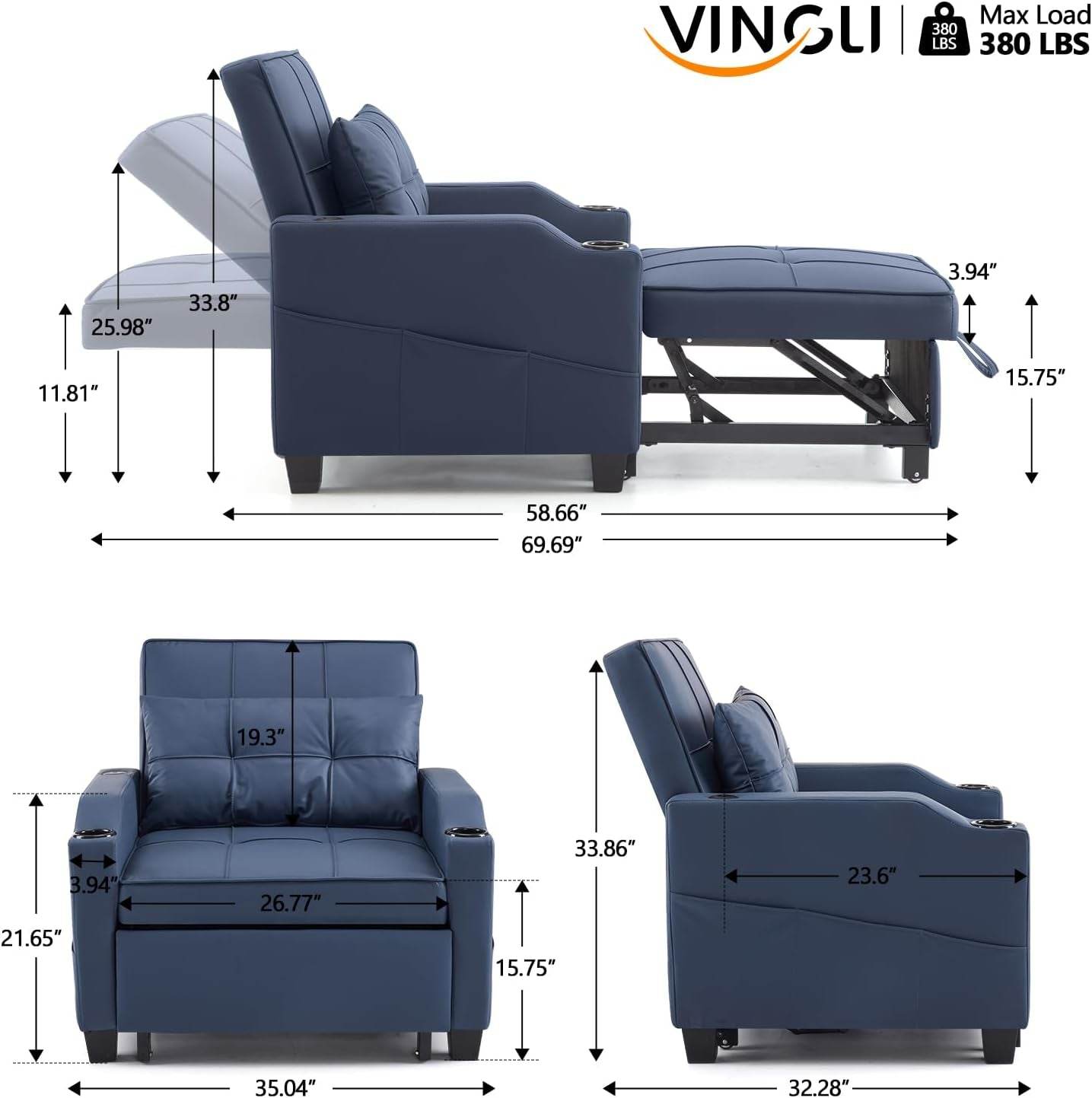 Sofa Bed Chair Recliner, 3-In-1 Convertible Sleeper Sofa Chair Bed Blue Daybed Pull Out Couch Bed with Adjustable Backrest, USB Ports, Cup Holders for Small Spaces Living Room - Loft&Timber