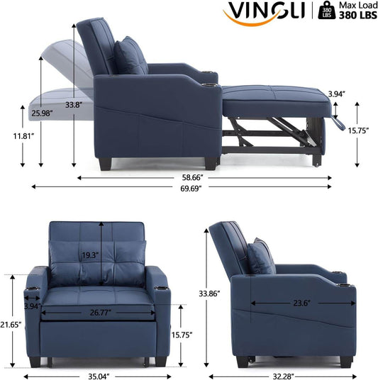 Sofa Bed Chair Recliner, 3-In-1 Convertible Sleeper Sofa Chair Bed Blue Daybed Pull Out Couch Bed with Adjustable Backrest, USB Ports, Cup Holders for Small Spaces Living Room - Loft&Timber