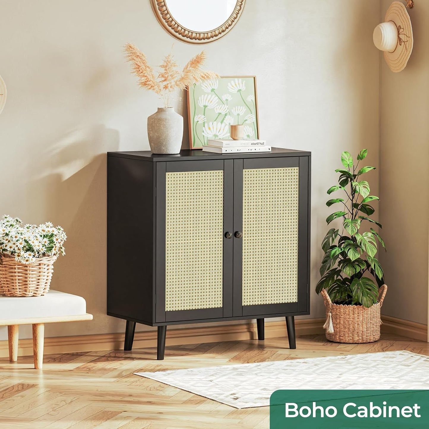 Buffet Cabinet with Storage, Storage Cabinet with Synthetic Rattan Decor Doors, Accent Cabinet with Solid Wood Feet, Sideboard Cabinet for Hallway, Entry, Living Room, Black-1