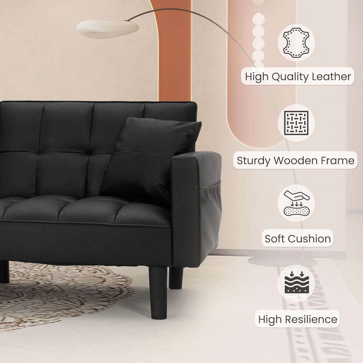 Faux Leather Futon Couch, Convertible Sofa Bed with Adjustable Back, Black - Loft&Timber