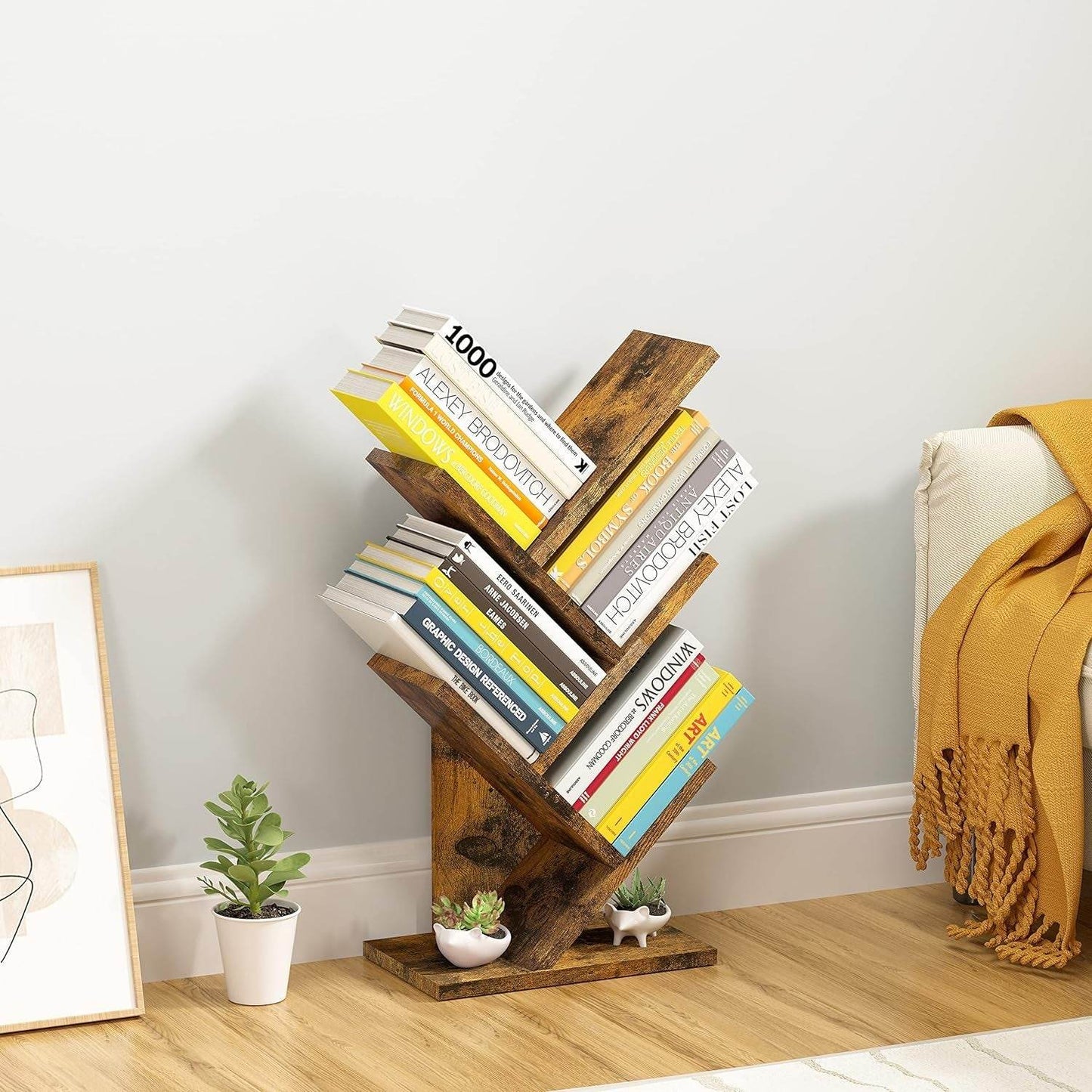 4 Tier Tree Bookshelf, 4 Shelf Bookcase, Modern Book Storage, Free Standing Tree Bookcase, Utility Organizer Shelves for Home Office, Living Room, Bedroom, Rustic Brown - Loft&Timber