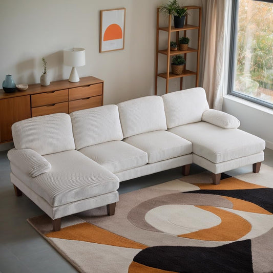 Beige 111" U-Shape Corduroy Sectional Sofa with Chaises-0