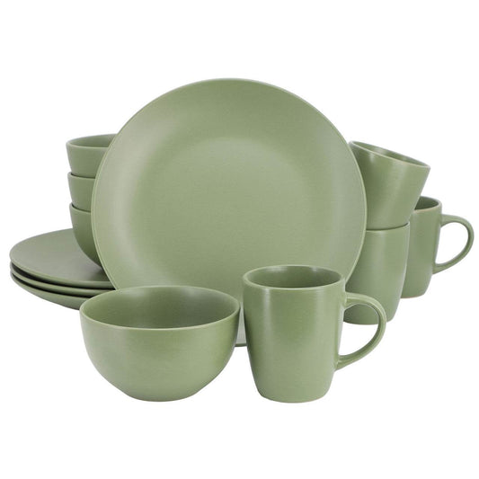 Gibson Home Everyday Plus 12 Piece Round Stoneware Dinnerware Set in Green - Loft&Timber