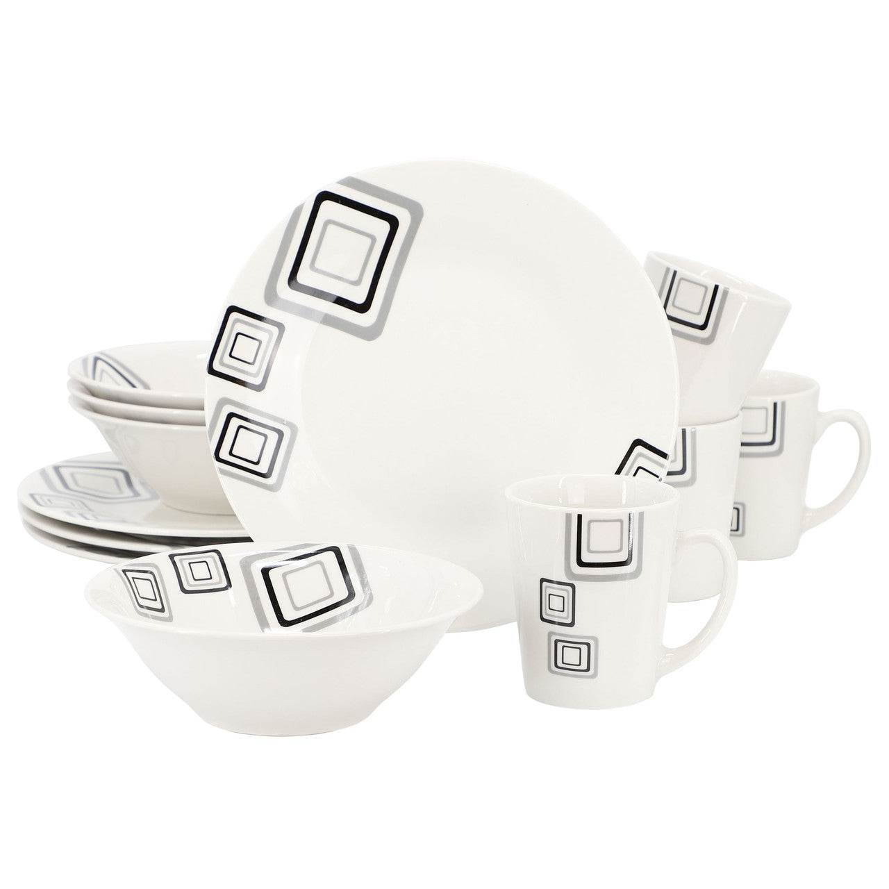 Gibson Home Black Squares 12 Piece Round Fine Ceramic Dinnerware Set in White - Loft&Timber