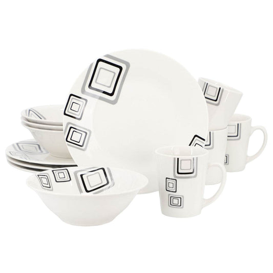 Gibson Home Black Squares 12 Piece Round Fine Ceramic Dinnerware Set in White - Loft&Timber