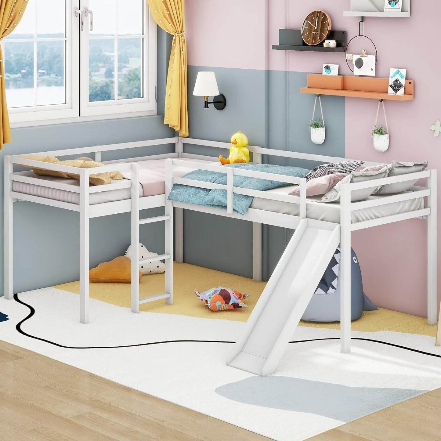 Wooden Twin Size Double Loft Bed with Slide and Ladder, L-Shaped Bed Frame with Full-Length Guardrail, Wood Bedframe for Kids Teens Adults Bedroom, 2 Twin Beds,White - Loft&Timber