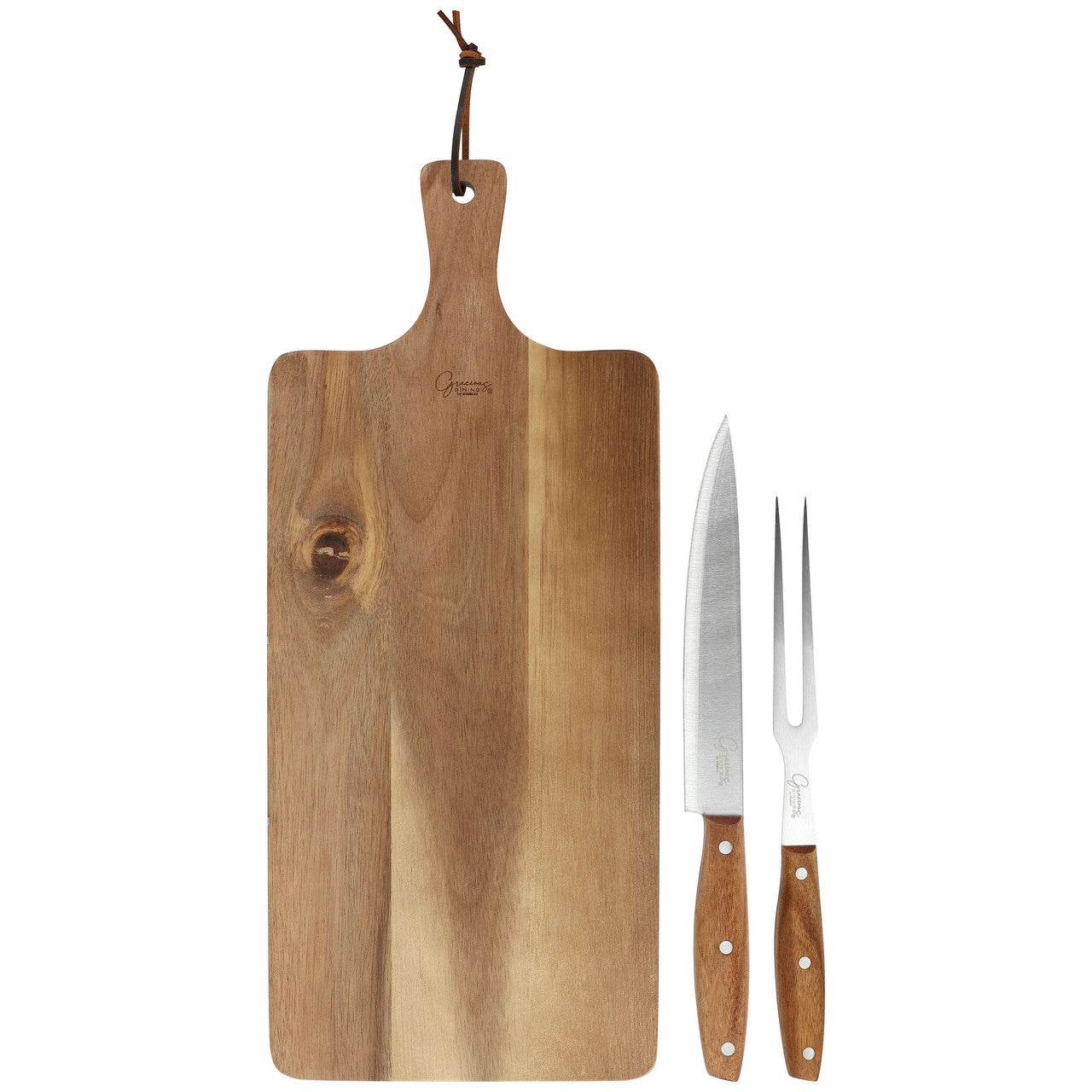 Gibson Elite 3 Piece Acacia Wood Serving Board with Carving Knife and Fork in Brown - Loft&Timber