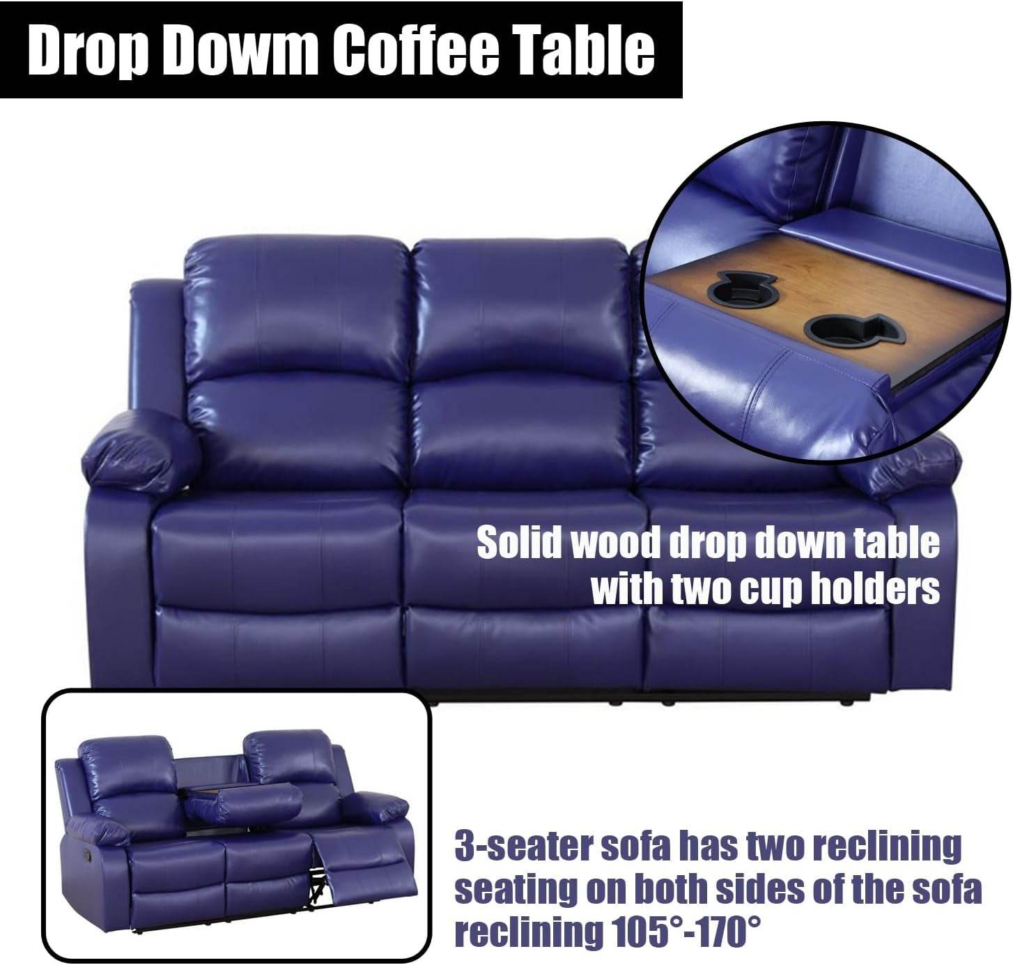 Blue Leather Reclining Sofa Set Faux Leather - Loft&Timber