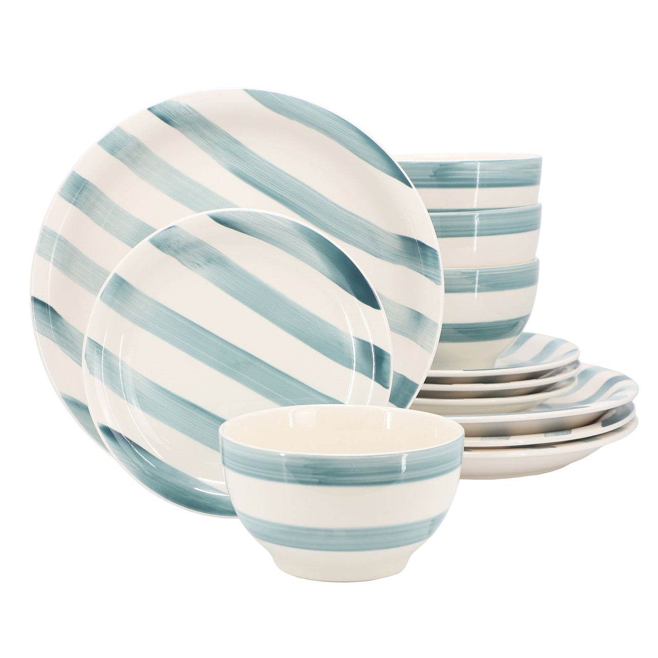 Gibson Home Kenwood Shores 12 Piece Stoneware Dinnerware Set in Blue Stripe - Loft&Timber