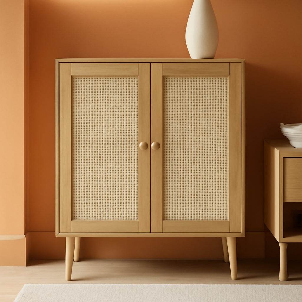 Buffet Cabinet with Storage, Storage Cabinet with PE Rattan Decor Doors in Natural - Loft&Timber
