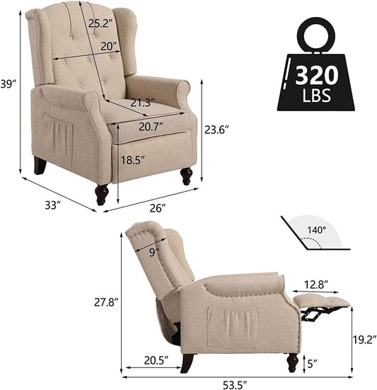 Wingback Recliner Chair with Massage and Heat, Tufted Fabric Push Back Recliner Chair for Living Room, Vintage Recliner Chair with Remote Control, Padded Cushion, Backrest, Wooden Legs - Loft&Timber
