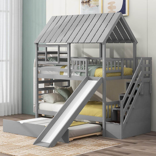 Kids Twin over Twin Bunk Beds with Slide and Trundle, Solid Wood Bunk Bed Frame with Stairs and Storage, Playhouse Bunk Bed with Roof and Window for Kids, Teens, Girls & Boys (Gray) - Loft&Timber