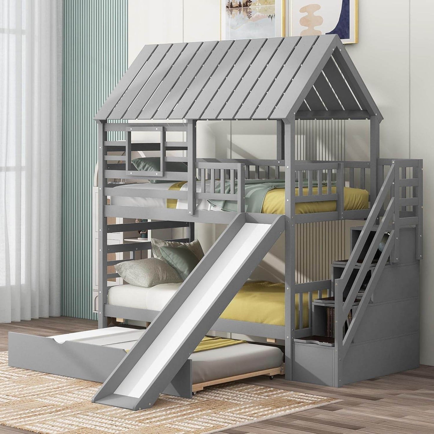Kids Twin over Twin Bunk Beds with Slide and Trundle, Solid Wood Bunk Bed Frame with Stairs and Storage, Playhouse Bunk Bed with Roof and Window for Kids, Teens, Girls & Boys (Gray) - Loft&Timber