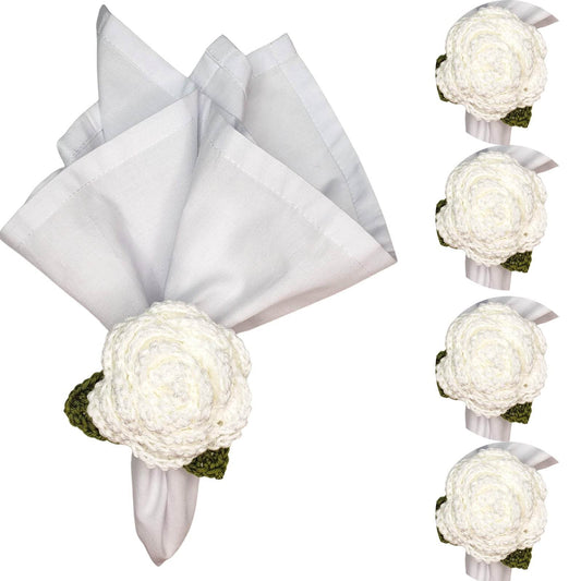 Charlo's Set of 4 White Crochet Rosebud Napkin Rings, High Quality Products, handmade, gifts - Loft&Timber