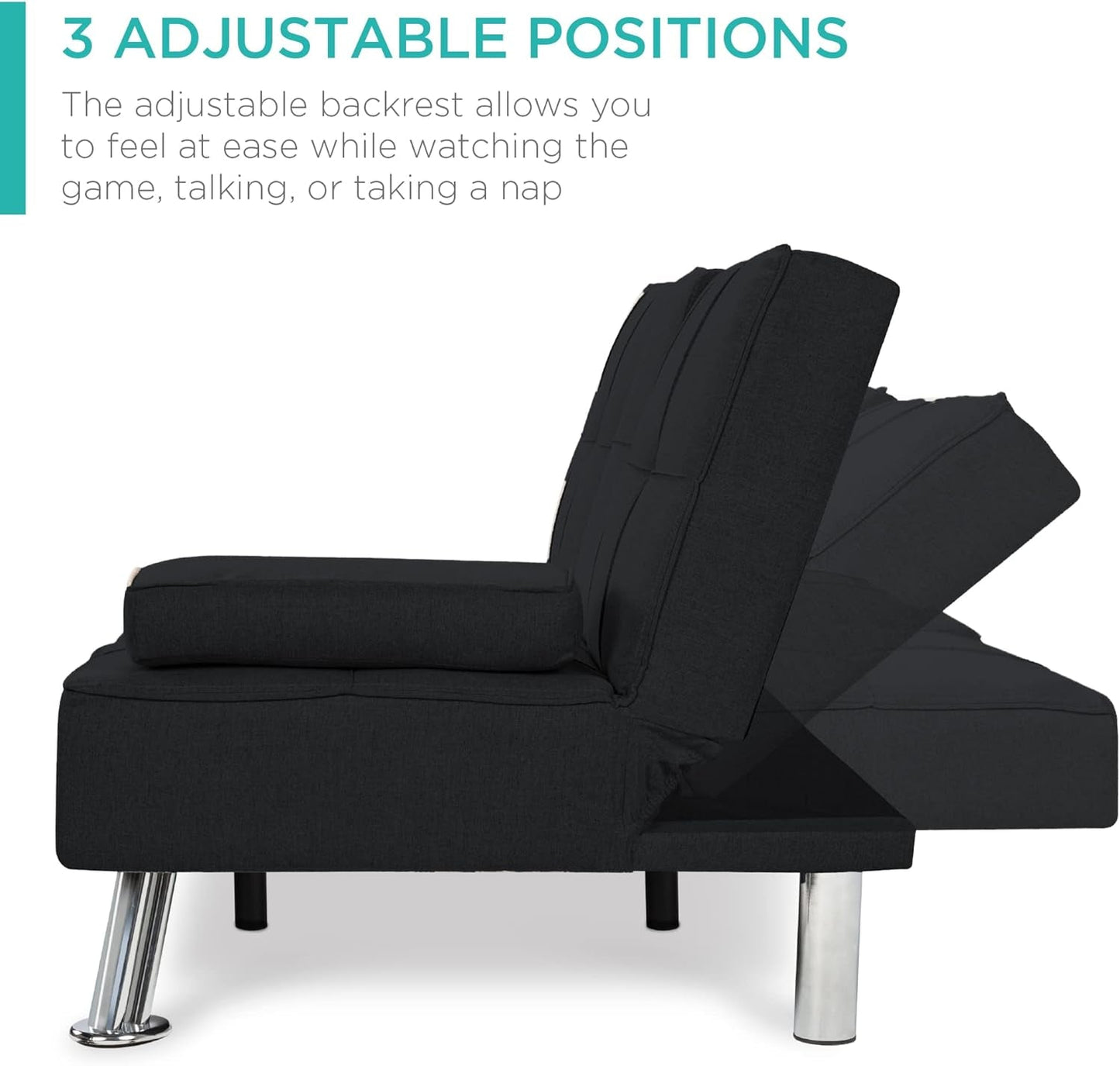 Black Linen Folding Futon Recliner with Cupholders-3