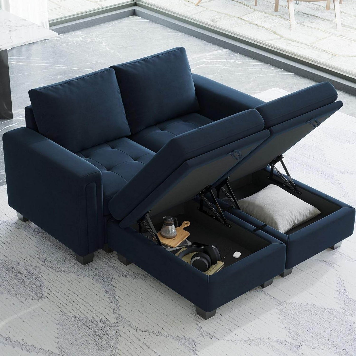 Velvet Modular Sectional Sofa Couch with Storage Convertible Sectional Sleeper Sofa Couch Bed Set with Reversible Chaise Blue - Loft&Timber