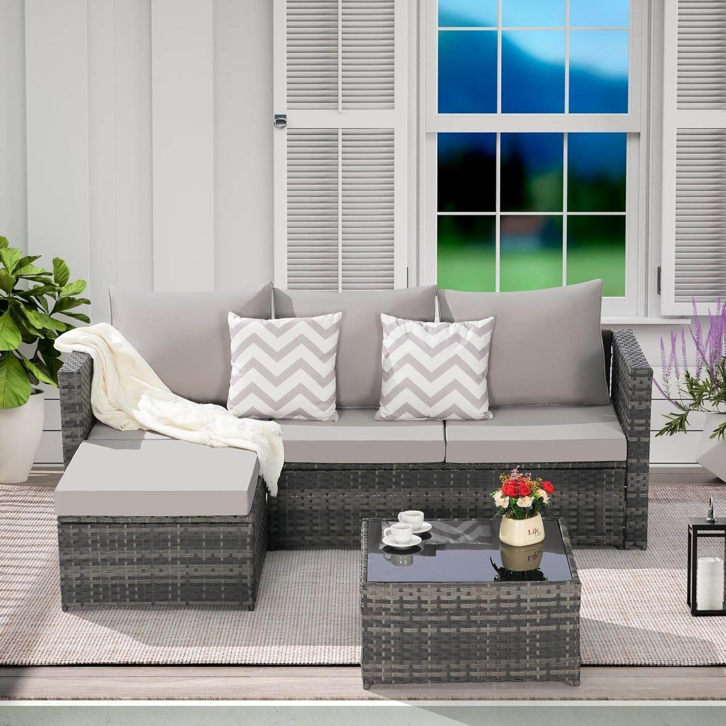 3 Pieces Patio Furniture Set All-Weather Outdoor Wicker Sectional Conversation Sofa Rattan Patio Sofa W/Cushion & Glass Table,Patio Conversation Set,Backyard Furniture for Porch (Light Gray) - Loft&Timber