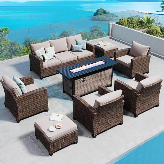 Patio Furniture Set Outdoor Furniture Brown Wicker Rattan Patio Conversation Sets with Cushion outside Sofa Set,7 Pieces with Rectangular Firepit Table,9 Seats,Beige - Loft&Timber