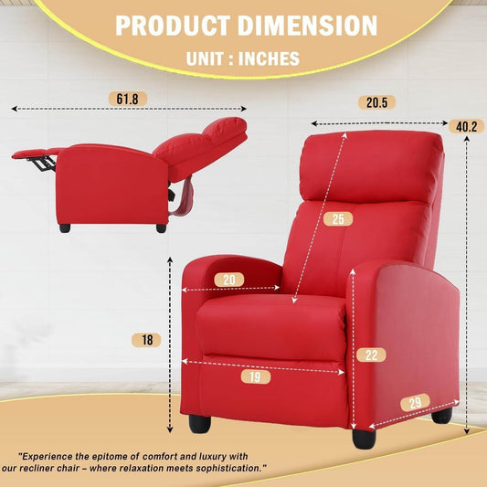 Recliner Chair Single Reclining Sofa with Lumbar Support and Padded Backrest (Leather, Red) - Loft&Timber