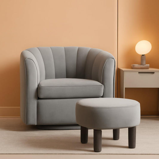 Grey Velvet 360 Swivel Armchair With OttomanFootrest-0