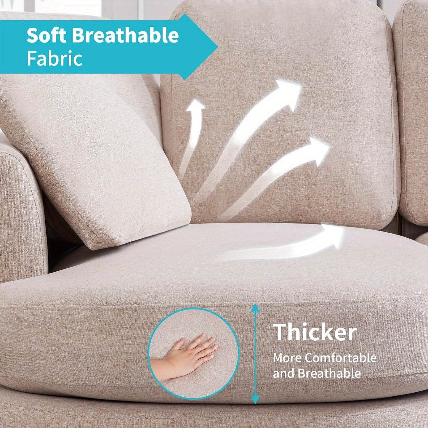 Luxury Cloud Sofa - 3-Seat Modern Linen Fabric Couch with Curved Chaise, 2 Support Throw Pillows - Loft&Timber