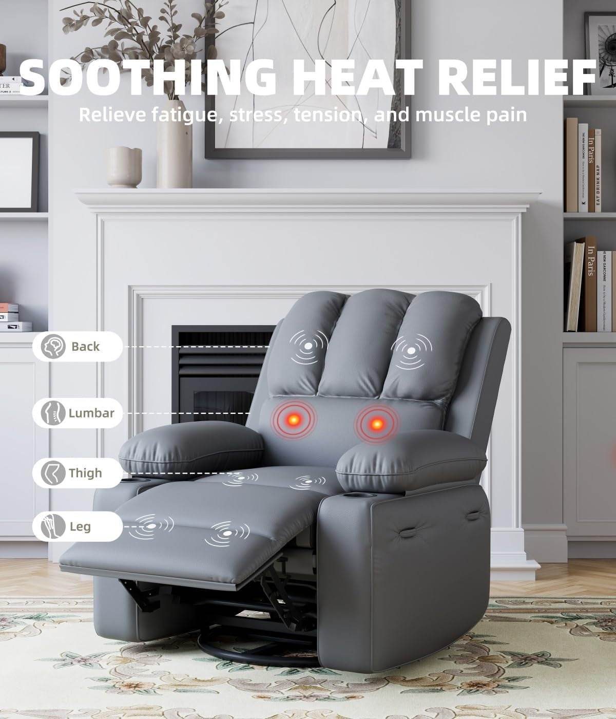 Oversized Recliner Chairs with Heat and Massage - 360° Swivel - Grey - Loft&Timber