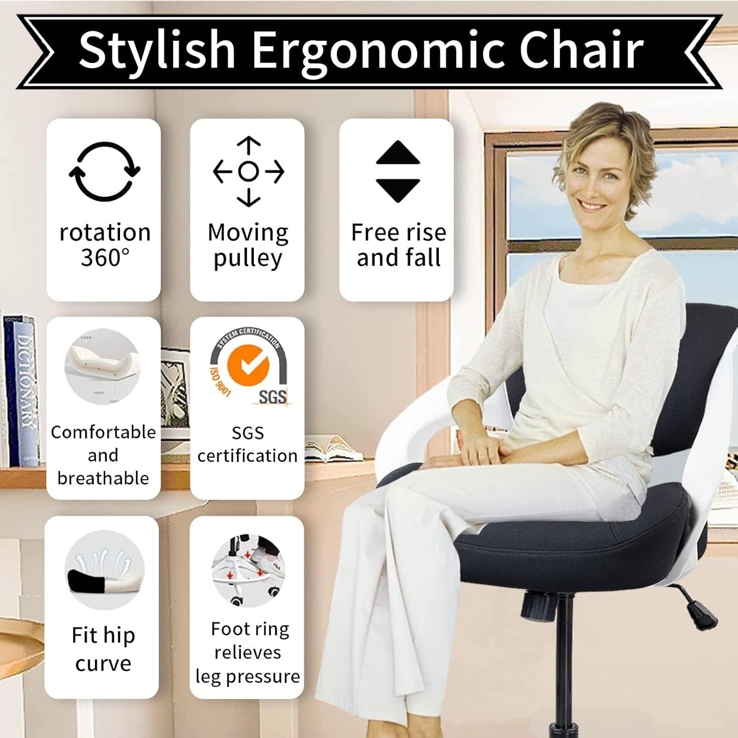 Ergonomic Drafting Chair,Standing Computer Desk Chair,Foot Ring,Lumbar Support,Swivel Task Chair -Black-3