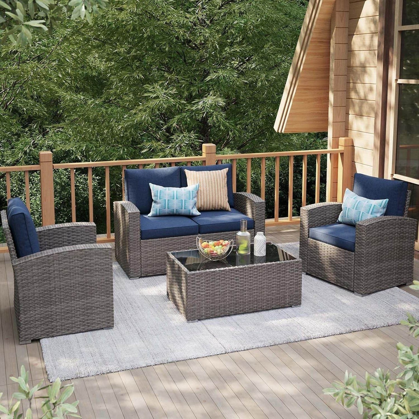 Navy Blue Outdoor Rattan Patio Furniture Set for Gatherings - Loft&Timber