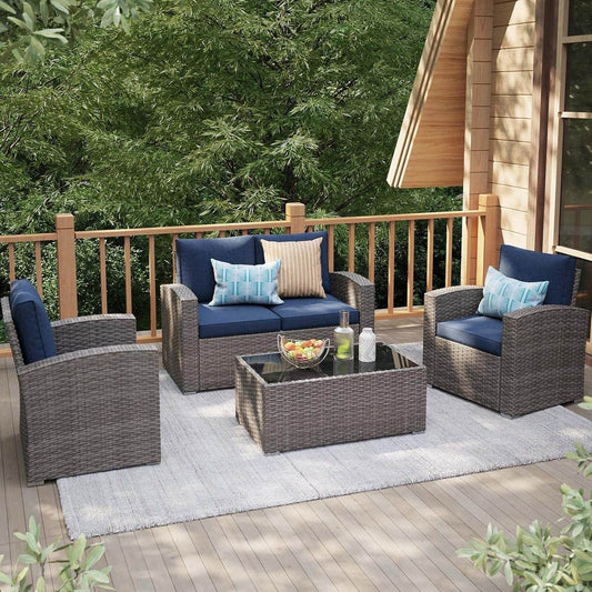 Navy Blue Outdoor Rattan Patio Furniture Set for Gatherings - Loft&Timber