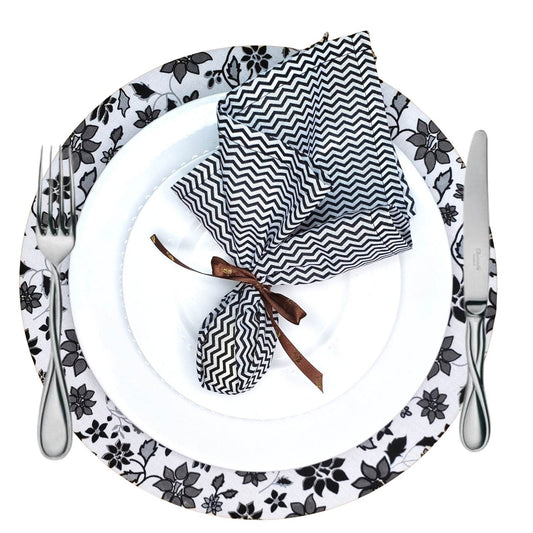 Charlo's Set of 4 Round Placemats Covers 14 Dia inch Floral Black - Loft&Timber